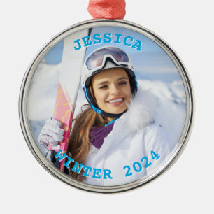Personalised Sky Blue Text Round Family Photo Metal Tree Decoration