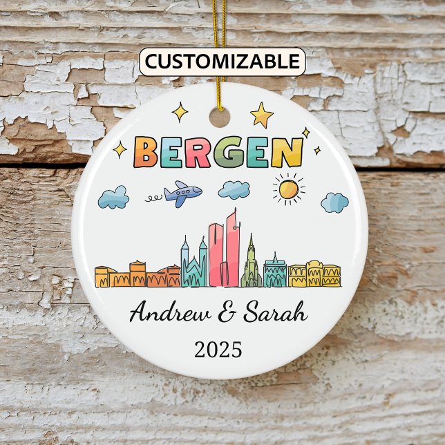 Personalised Skyline Bergen Ornament, Norway Ceramic Tree Decoration (Creator Uploaded)