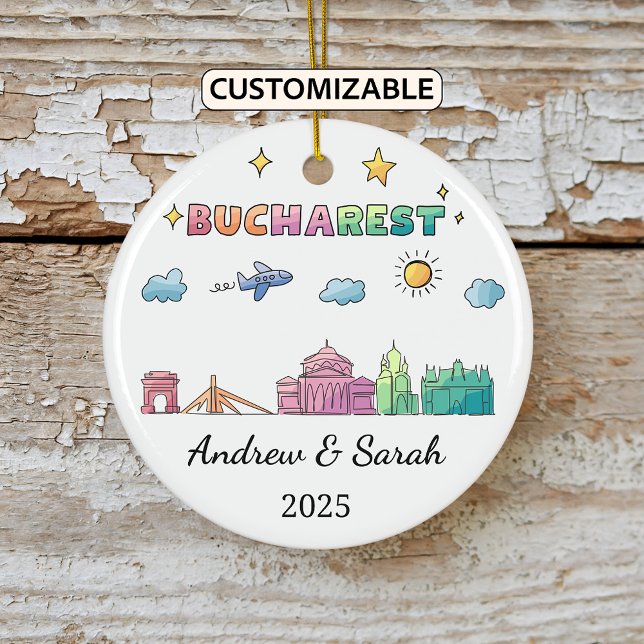 Personalised Skyline Bucharest Ornament, Romania Ceramic Tree Decoration (Creator Uploaded)