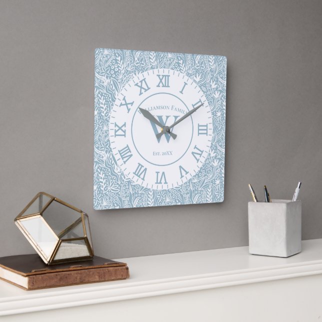 Personalised Slate Blue and White Floral Square Wall Clock (Office)