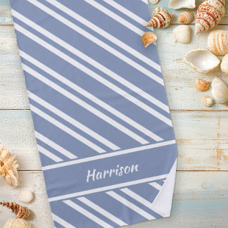 Personalised Slate Blue and White Stripes Beach Towel