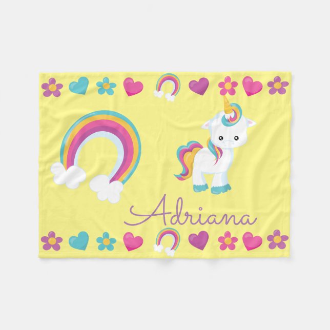 Personalised Sleeping Baby Unicorn & Rainbow Fleece Blanket (Front (Horizontal))
