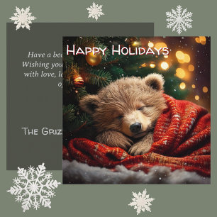 Personalised Sleeping Bear Cub Square Christmas Holiday Card