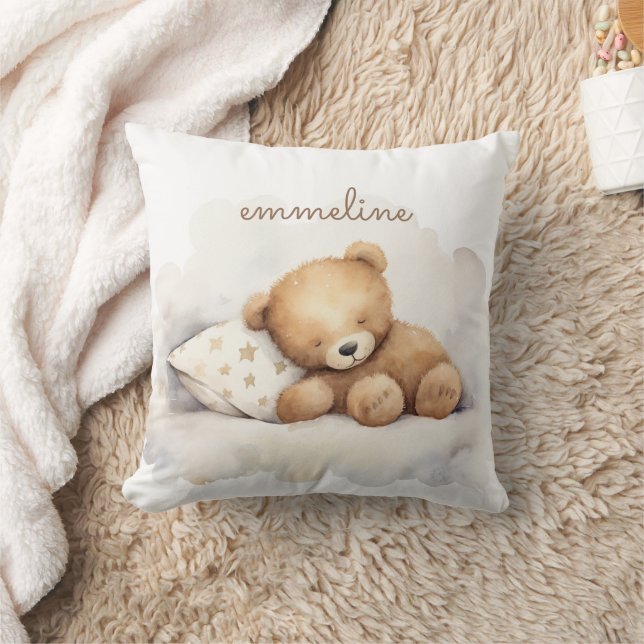 Personalised Sleeping Teddy Bear Nursery Cushion (Blanket)