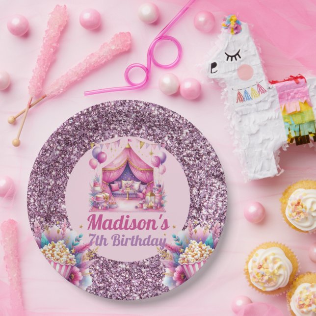 Personalised Sleepover Girl Birthday Pink Purple  Paper Plate (Party)