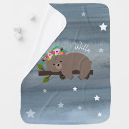 Personalised Sleepy Bear Floral Stars Watercolor Baby Blanket
