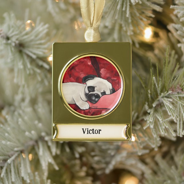 Personalised Sleepy Pug Puppy  Gold Plated Banner Ornament (Tree)