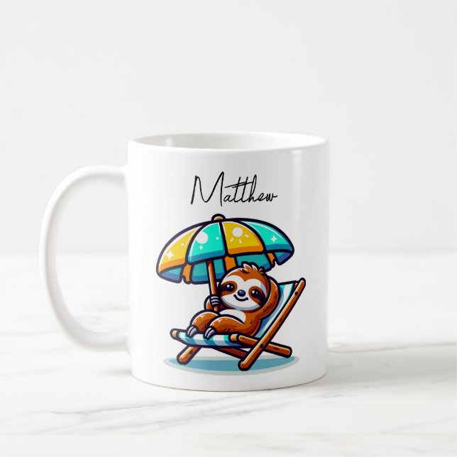 Personalised Sloth at Beach Funn Coffee Mug (Left)