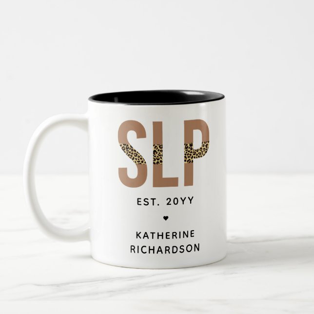Personalised SLP Speech Pathologist Leopard Print Two-Tone Coffee Mug (Left)