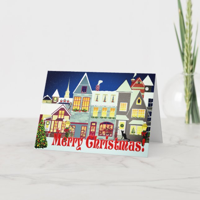 Personalised Small Town Street Scene Christmas Holiday Card (Front)