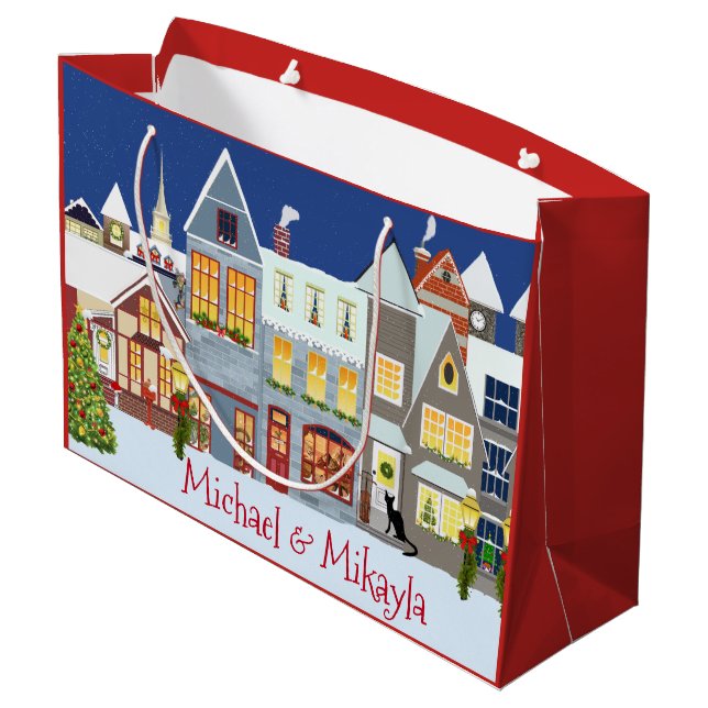 Personalised Small Town Street Scene Christmas Large Gift Bag (Back Angled)