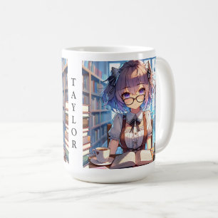 Personalised Smart Anime Girl in Library  Coffee Mug