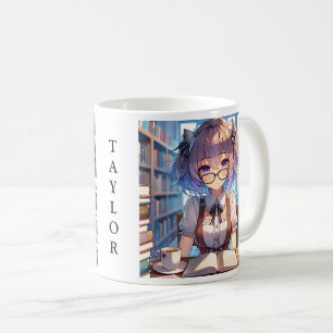 Personalised Smart Anime Girl in Library  Coffee Mug