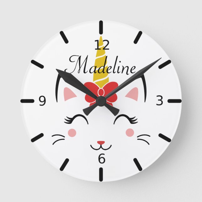 Personalised Smiling Caticorn With Bow Round Clock (Front)