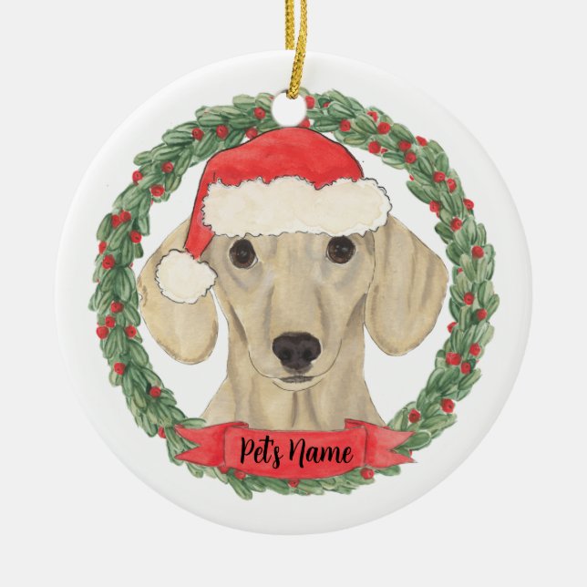 Personalised Smooth Cream Dachshund Ceramic Tree Decoration (Front)