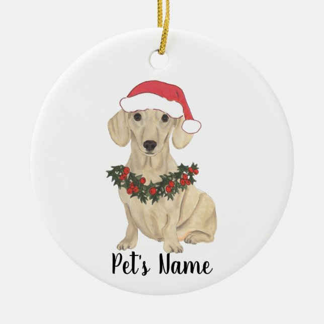 Personalised Smooth Cream Dachshund Christmas Ceramic Tree Decoration (Front)