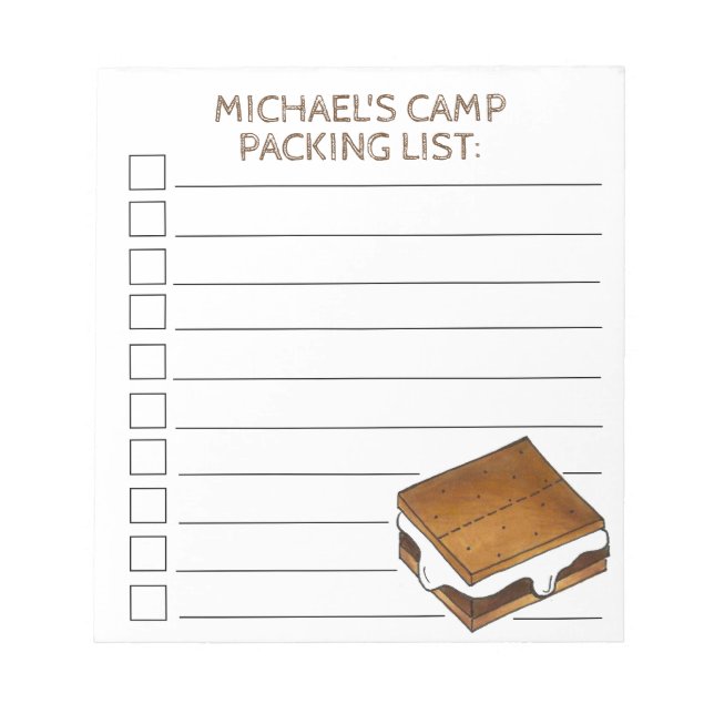 Personalised S'mores Summer Camp Checklist Notepad (Front)