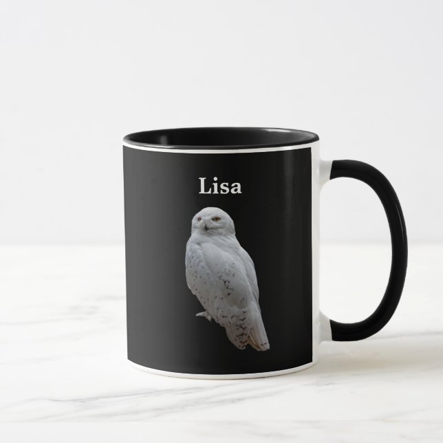 Personalised Snow Owl On Black Mug (Right)