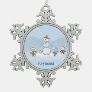 Personalised Snowball Fight Custom Snowman Animals Snowflake Pewter Christmas Ornament