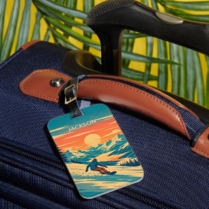 Personalised Snowboard Mountain Sunset Custom Name Luggage Tag