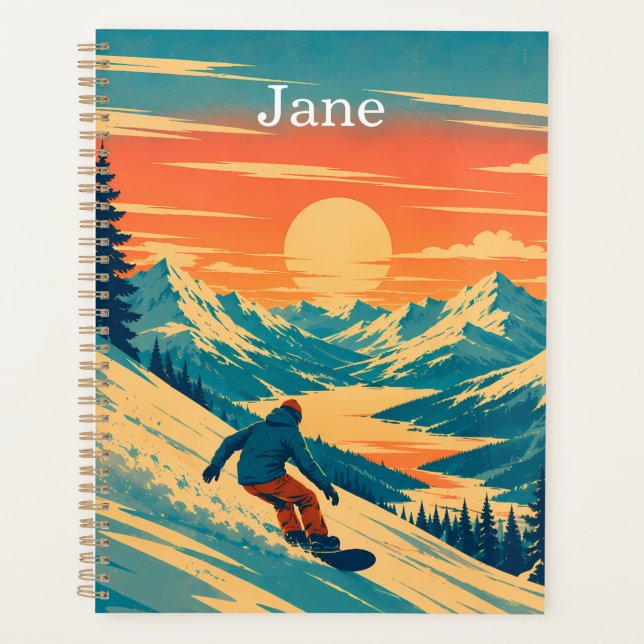 Personalised Snowboard Mountain Sunset Custom Name Planner (Front)