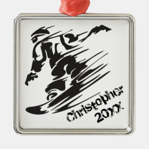 Personalised Snowboarder Snowboarding Black, White Metal Tree Decoration