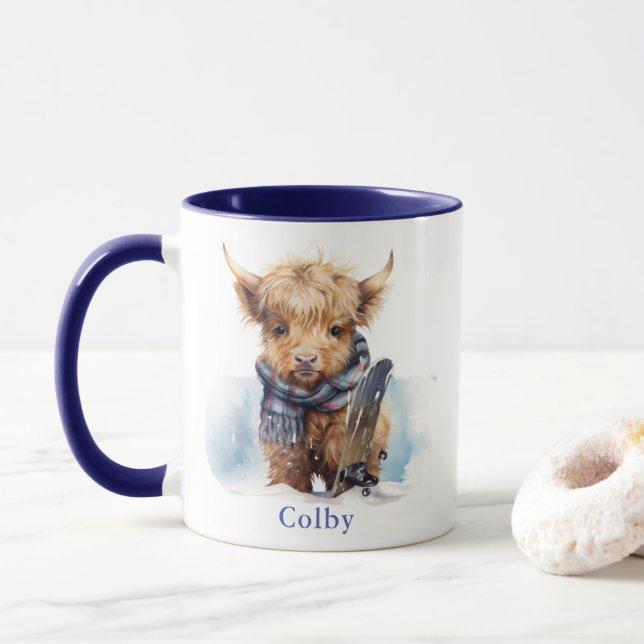 Personalised Snowboarding Highland Cow Blue Mug (With Donut)