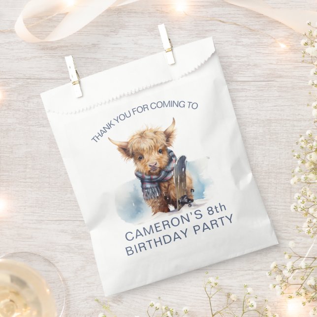 Personalised Snowboarding Highland Cow Favour Bags (Clipped)