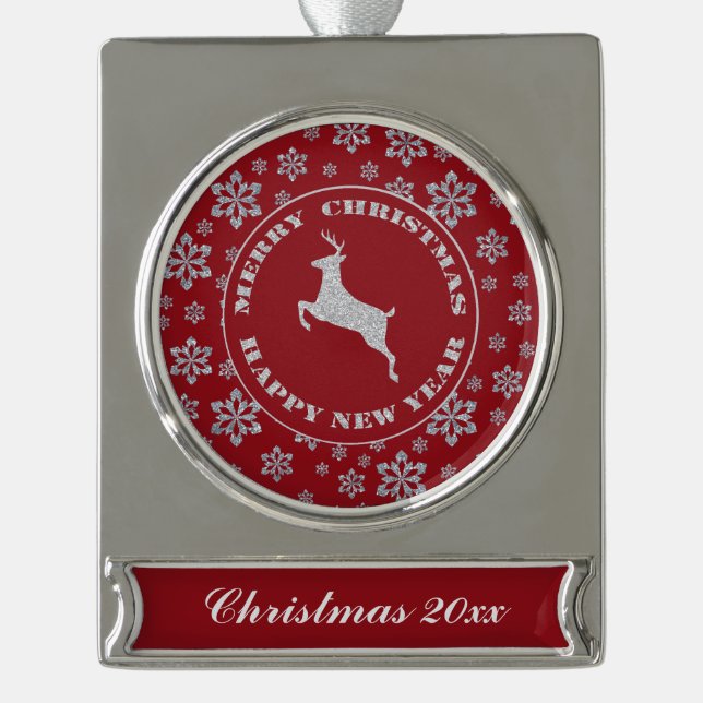Personalised Snowflake Reindeer Keepsake Christmas Silver Plated Banner Ornament (Front)