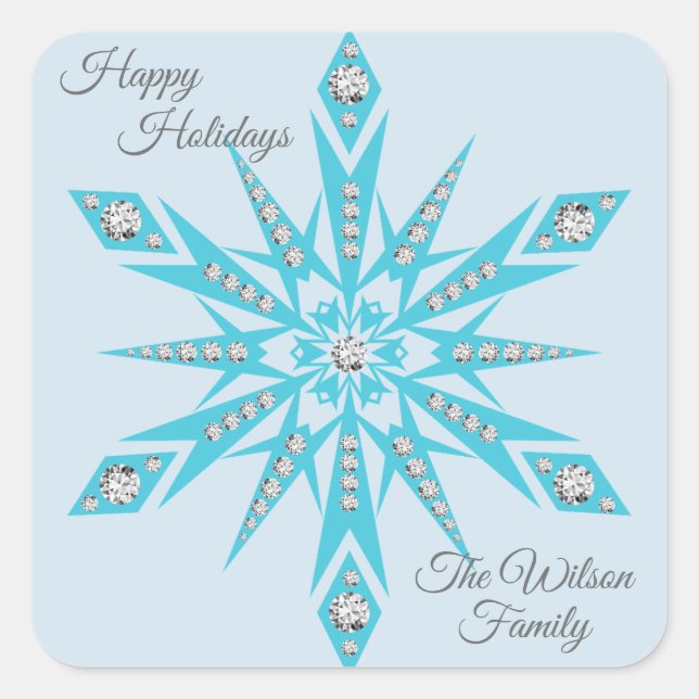 Personalised SNOWFLAKE Turquoise Blue Diamonds Square Sticker (Front)