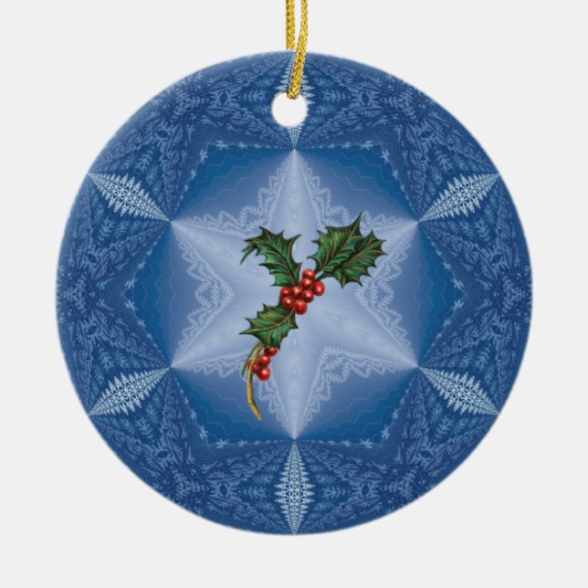 Personalised Snowflake with Holly Ornament.1 Ceramic Tree Decoration (Front)