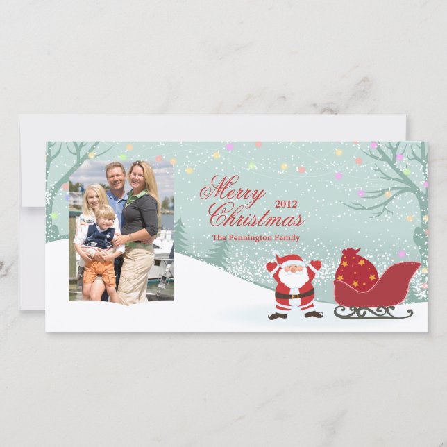 Personalised snowing Santa sleigh photo card (Front)