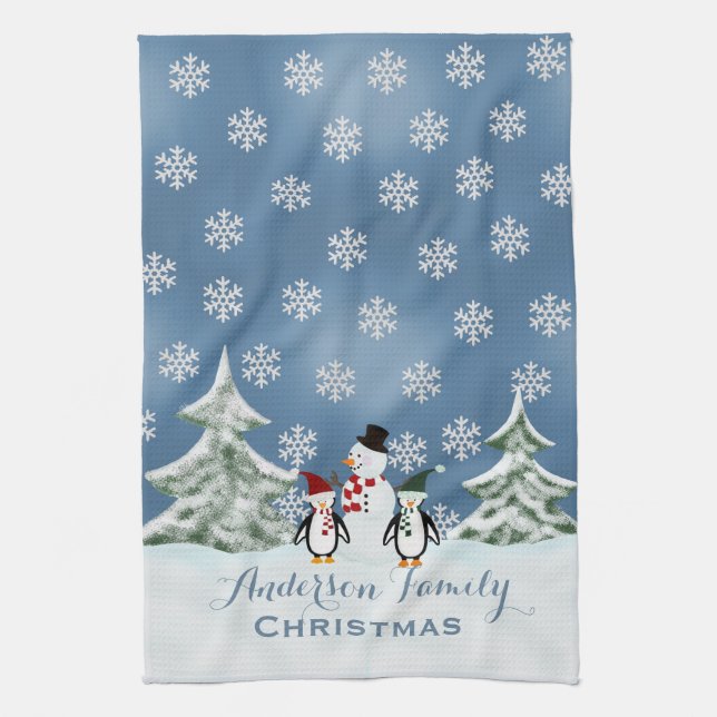 Personalised Snowman And Penguin Kitchen Towel (Vertical)