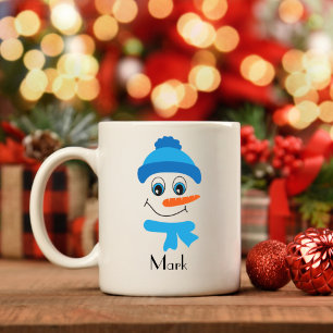 Personalised Snowman Blue Hat and Scarf Coffee Mug