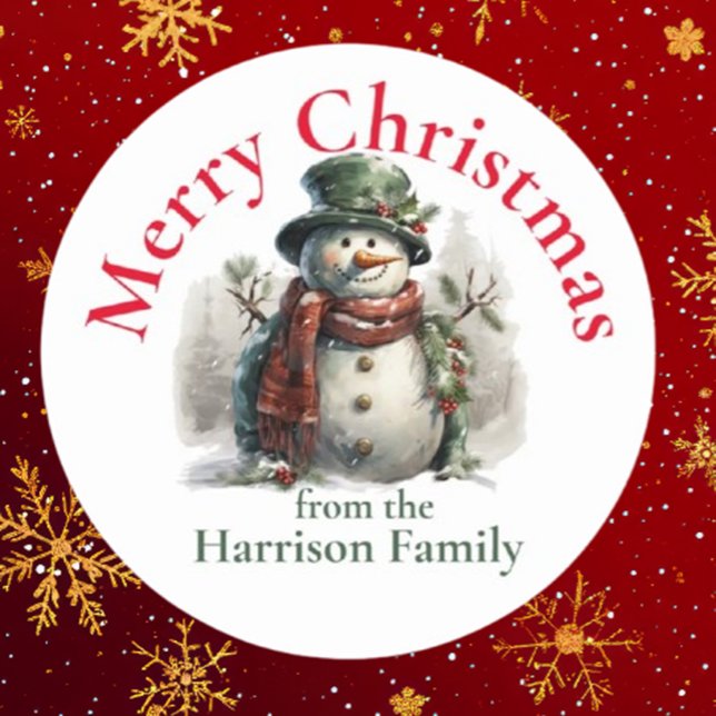 Personalised Snowman Christmas Wishes Classic Round Sticker (Spread joy this holiday season with Brett's Personalized Snowman Christmas Wishes sticker. )