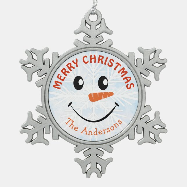 Personalised Snowman Face Snowflake Pewter Christmas Ornament (Front)