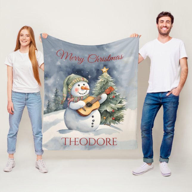 Personalised Snowman Guitar Christmas Fleece Blanket (In Situ)