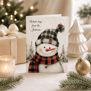 Personalised Snowman Plaid Christmas Family Name Holiday Card