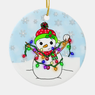 Personalised Snowman with Christmas Lights Ceramic Tree Decoration