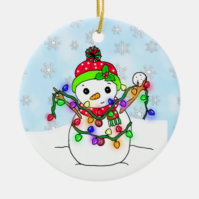 Personalised Snowman with Christmas Lights Ceramic Tree Decoration (Front)