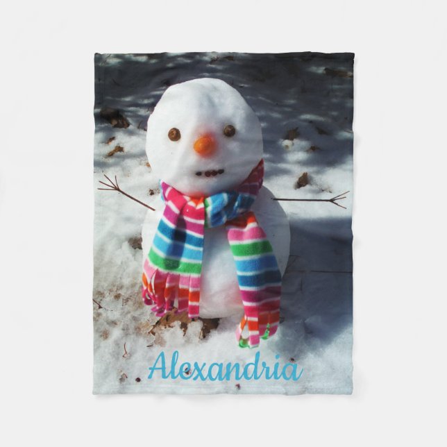 Personalised Snowman with Rainbow Scarf Fleece Bla (Front)