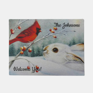 Personalised Snowshoe Rabbit & Red Cardinal Bird  Doormat