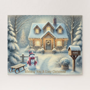 Personalised Snowy Christmas Cottage Mailbox Jigsaw Puzzle