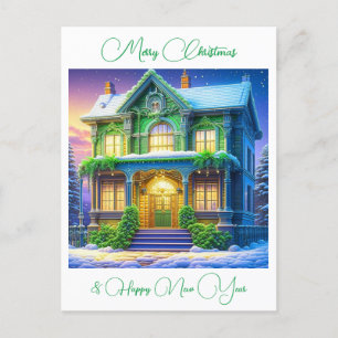 Personalised Snowy Christmas Green House Postcard