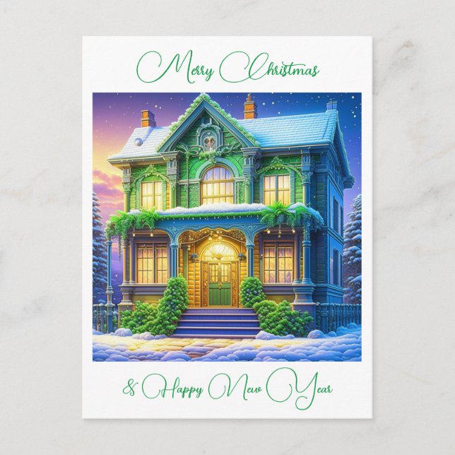 Personalised Snowy Christmas Green House Postcard (Front)