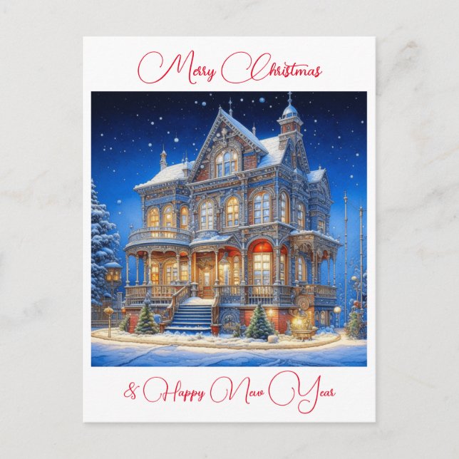 Personalised Snowy Christmas House Postcard (Front)