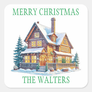 Personalised Snowy Log Cabin Christmas Square Sticker