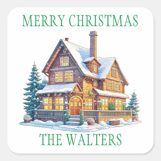 Personalised Snowy Log Cabin Christmas Square Sticker (Front)