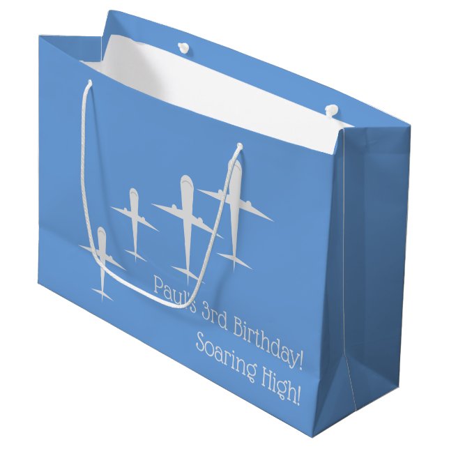 Personalised Soaring High Aeroplanes Art, Blue    Large Gift Bag (Front Angled)