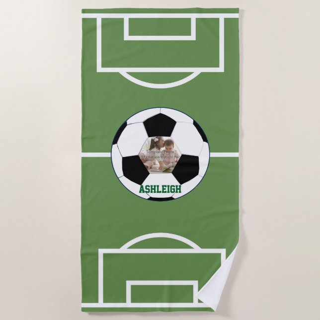 Personalised Soccer Ball and Field Photo template Beach Towel (Front)